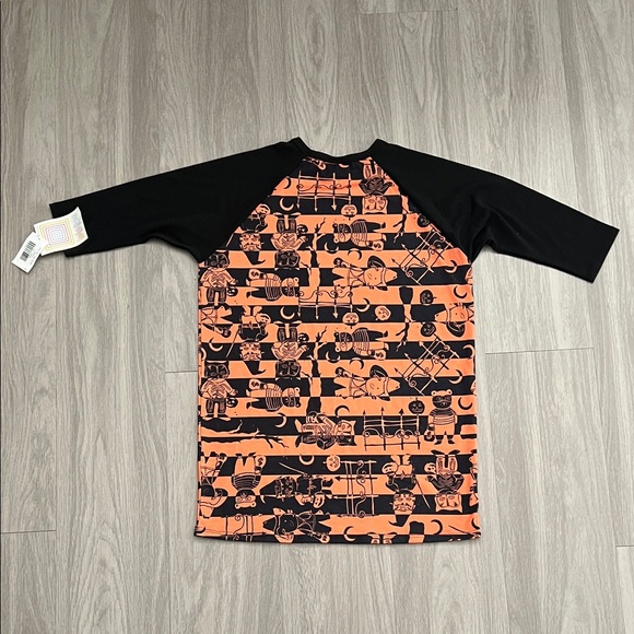 LuLaRoe Kids Orange and Black Graphic Long Sleeve Tee size 14 - Picture 3 of 5